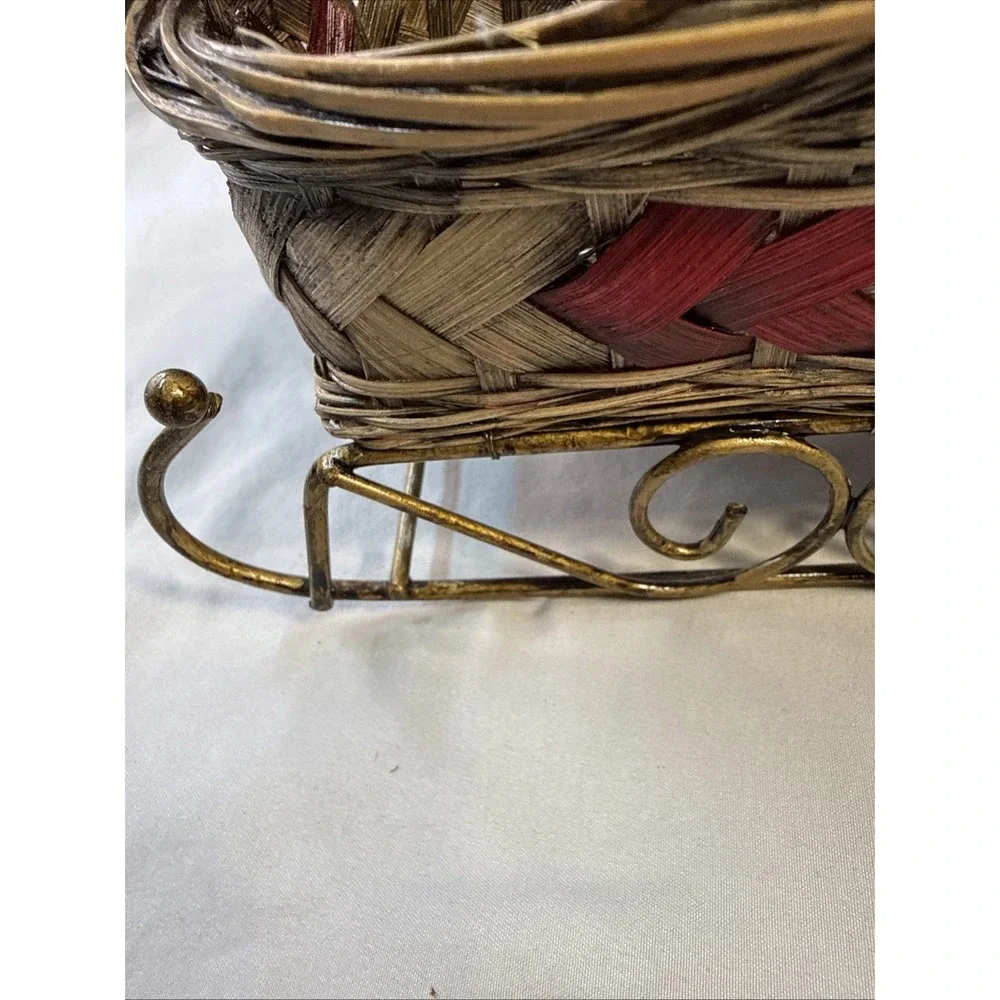 Vintage Christmas Wicker Sleigh Basket with Gold-Tone Metal Runners